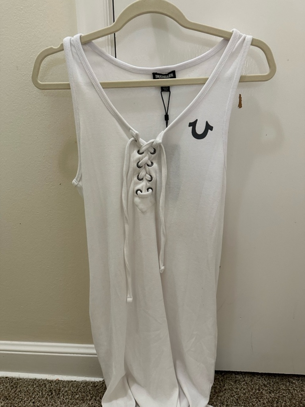 True Religion Horseshoe Logo Lace Up Midi Dress in White NWT